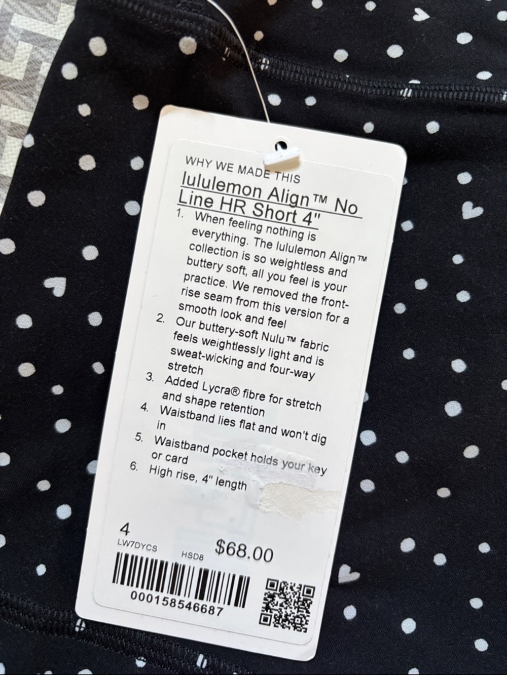 LULULEMON ALIGN NO LINE HR SHORTS 4β in HEART SCATTER DOT BLACK AND WHITE NWT - Picture 12 of 13